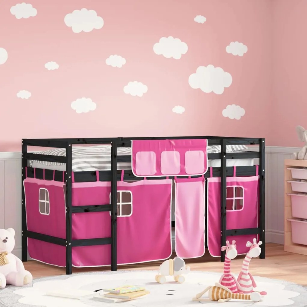 vidaXL Cama alta p/ criança c/ cortinas 90x200 cm pinho maciço rosa