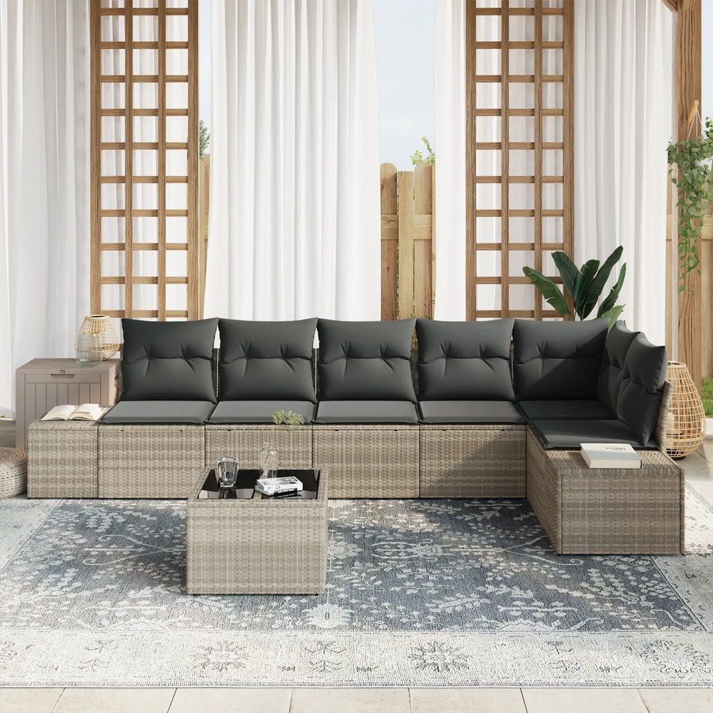 Conjunto de Sofá de Jardim de 7 Peças com Almofadas Cinza Rattan PE