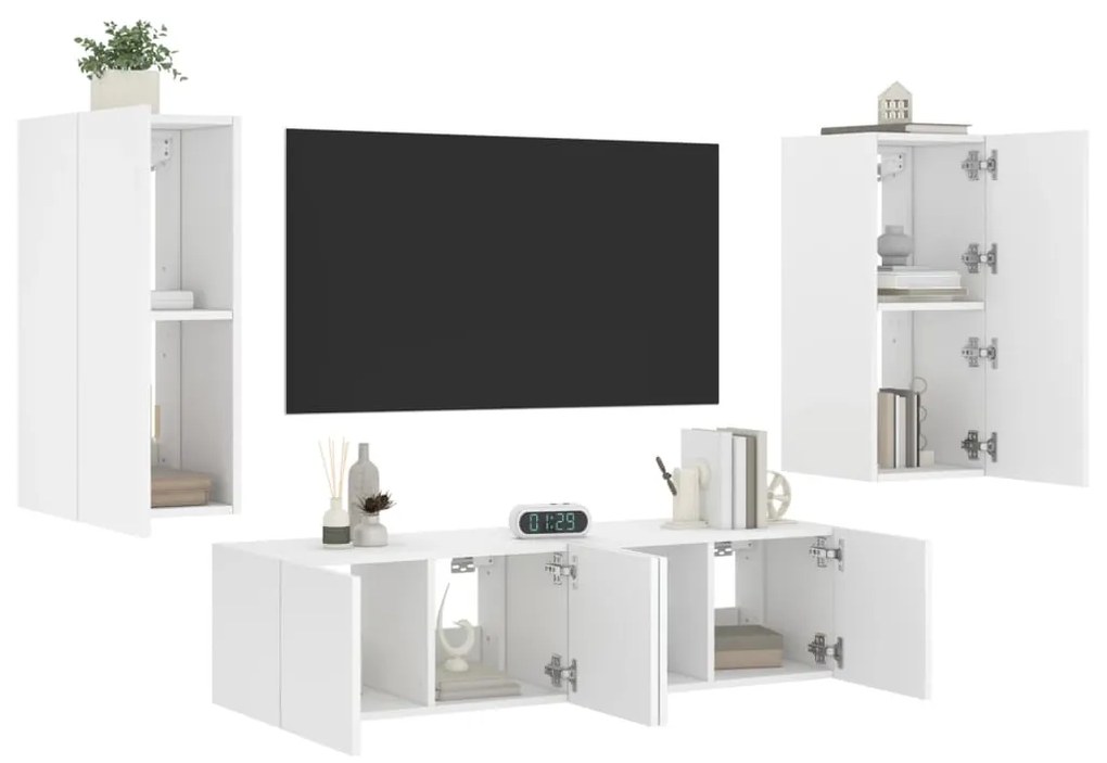 vidaXL 4pcs móveis de parede p/ TV c/ LEDs derivados de madeira branco