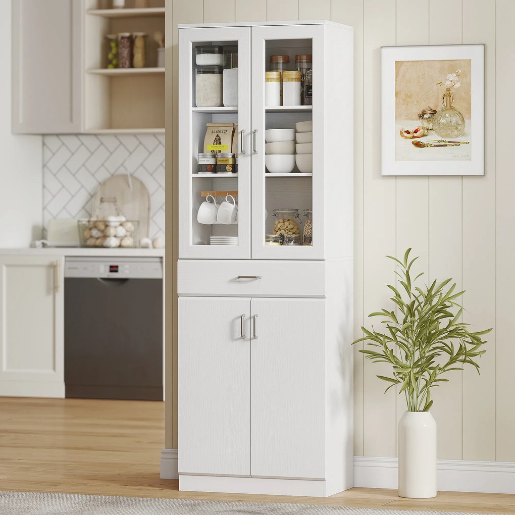 Armário de cozinha 60x35x180 cm, 4 portas, das quais 2 em vidro, gavetas, prateleiras ajustáveis, branco