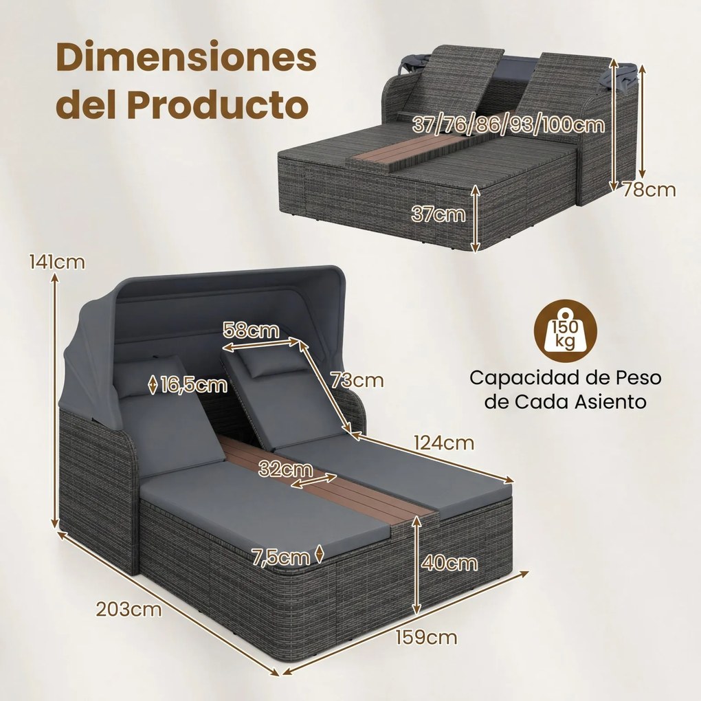 Cama de rattan jardim dupla com toldo retrátil 203 x 159 x 141 cm, encostos ajustáveis e mesa central com porta-copos para jardim, piscina e terraço c