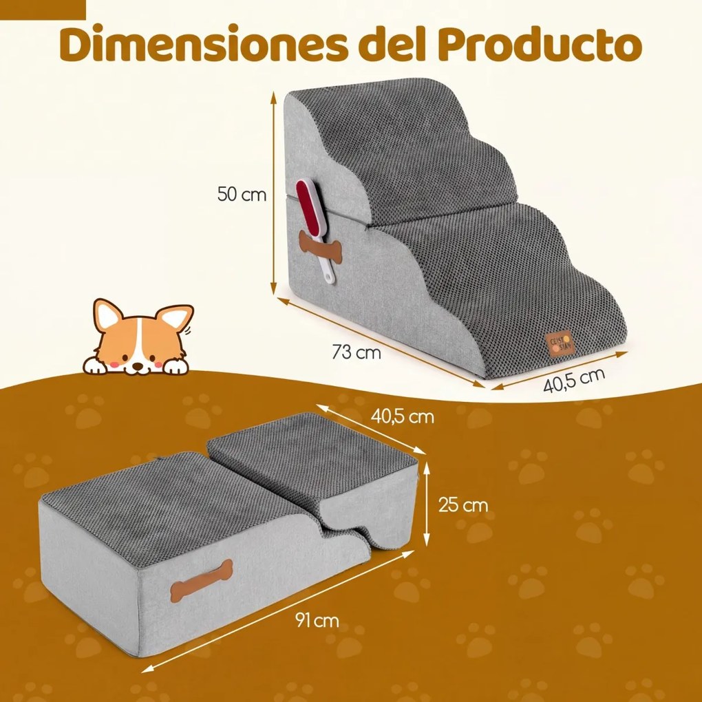 Escada Espuma animais estimação 4 Degraus 73 x 40,5 x 50 cm Rampa Transformável Alta Densidade Base Antiderrapante Capa Lavável Cinza