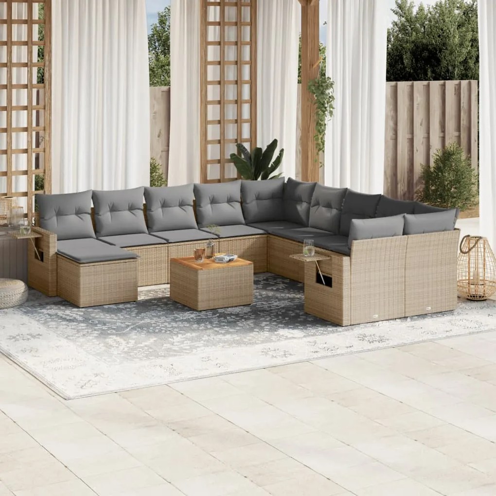 12 pcs conjunto de sofás p/ jardim com almofadões vime PE bege