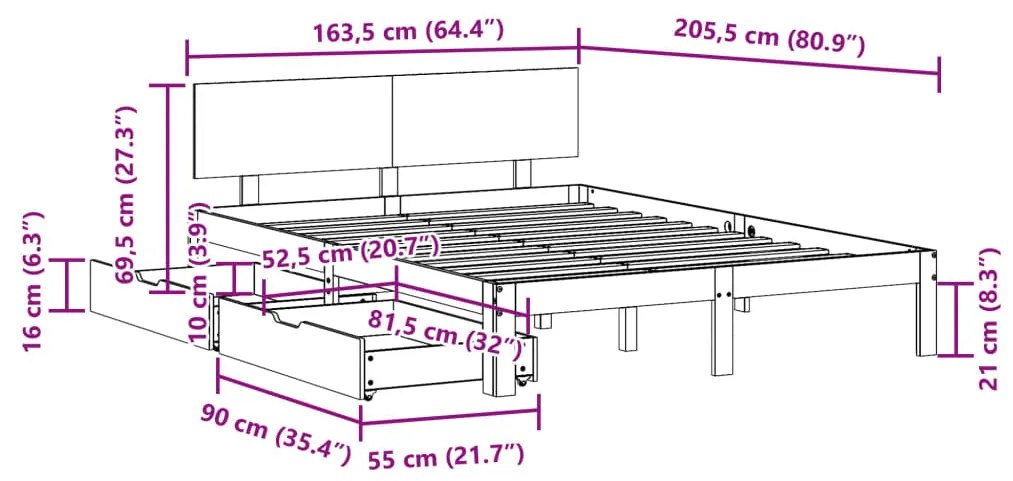 Estrutura de cama com gavetas 160x200 cm pinho maciço branco