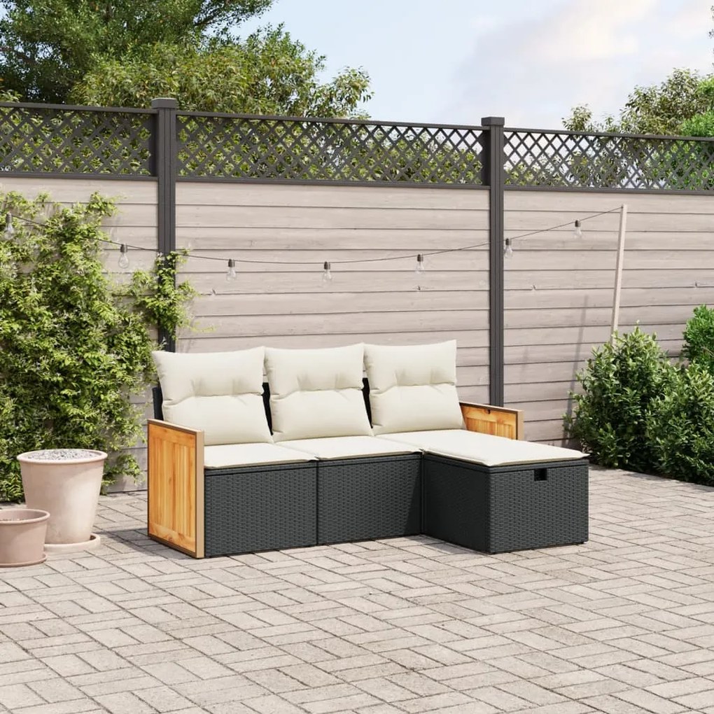 4 pcs conjunto de sofás para jardim c/ almofadões vime PE preto