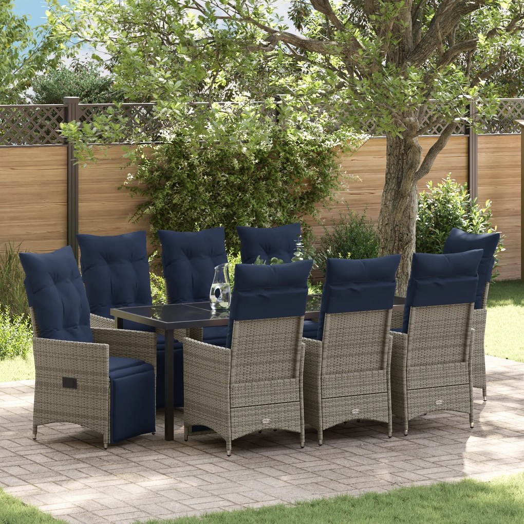 Conjunto de Jantar de Jardim vidaXL 9 Peças com Almofadas Rattan Poliéster Cinza
