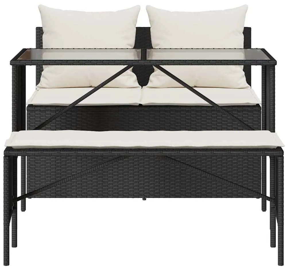 3 pcs conjunto de jantar p/ jardim c/ almofadões vime PE preto