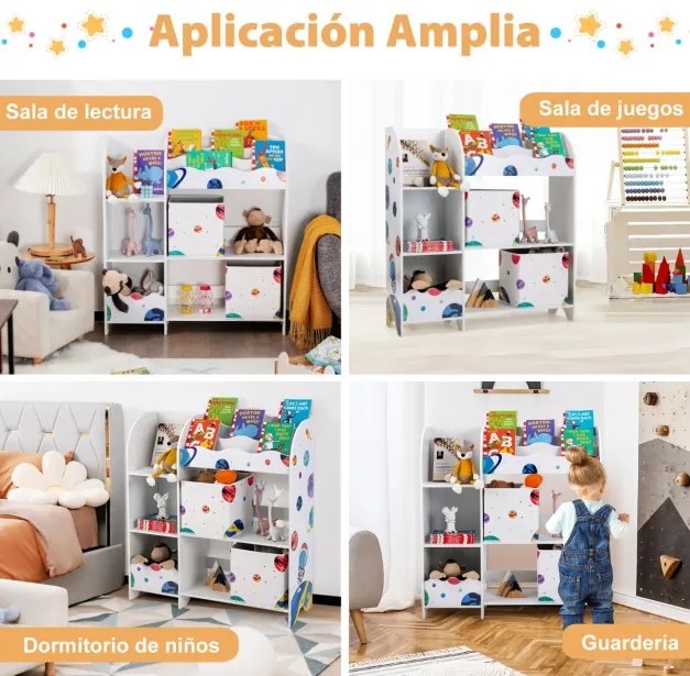 Armário organizador para crianças com 3 níveis 5 compartimentos e 2 gavetas para brinquedos em tecido 93 x 30 x 102 cm Tema Astronauta branco