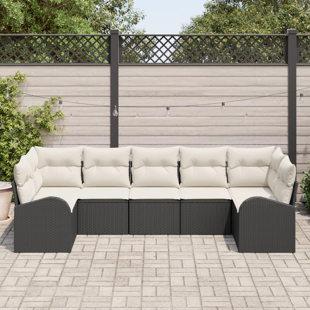 Conjunto de Sofá de Jardim vidaXL 7 Peças com Almofadas Preto Rattan d