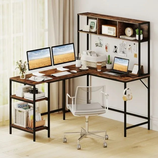 Secretária em forma de L  150 x 120 x 148 cm com compartimento de canto para computador com prateleiras e gancho para auscultadores com estante castan