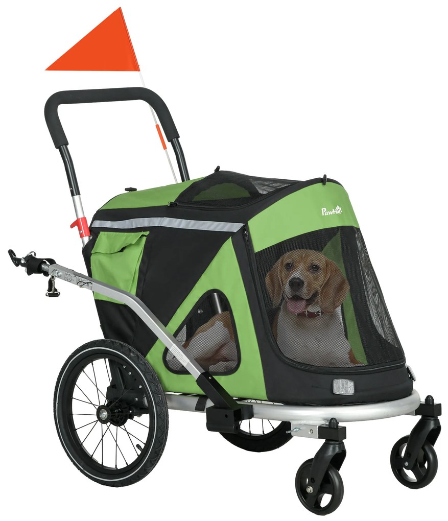 Pawhut Carrinho de Cão 2 em 1 Corredor de Cão Reboque de Bicicleta 2 Refletores 1 Corda de Segurança 150x68x95 cm Verde | Aosom Portugal