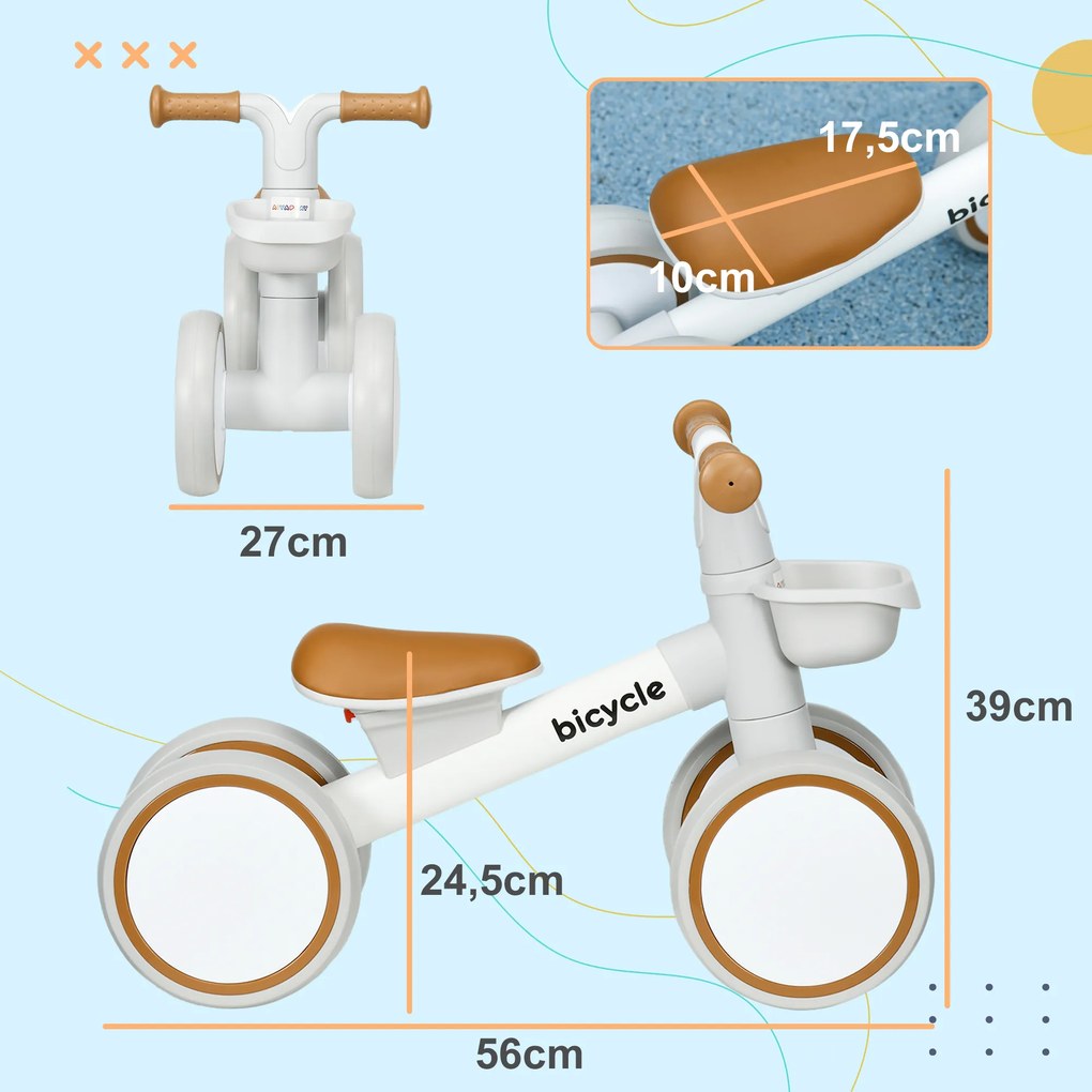 Bicicleta sem Pedais para Crianças de 12-36 Meses Bicicleta de Equilíbrio com Assento Ajustável 56x27x39 cm castaanho