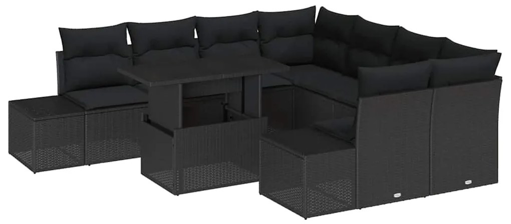 Conjunto de Sofá de Jardim de 9 Peças com Almofadas Preto em Rattan Si