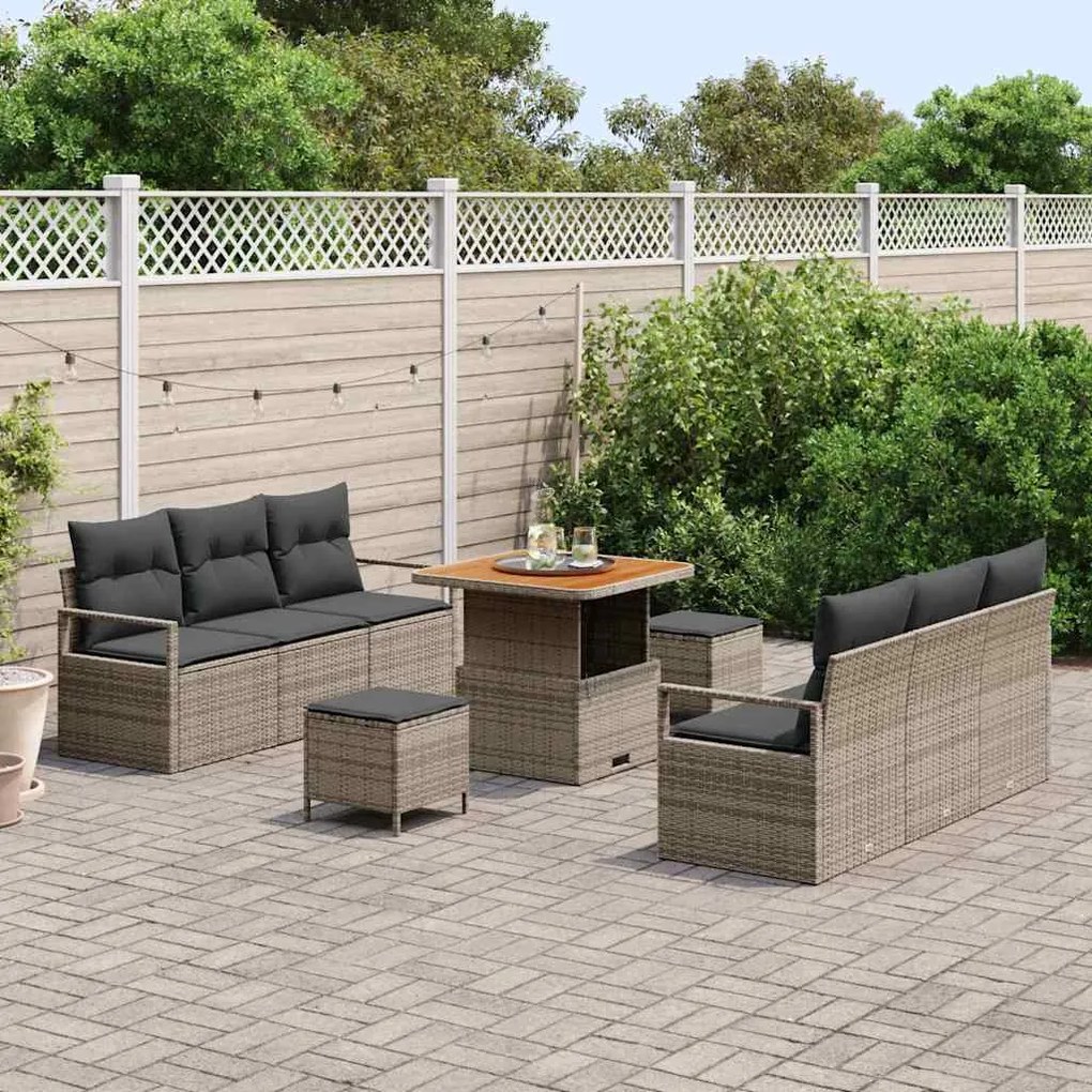Conjunto de Sofá de Jardim de 9 Peças com Almofadas Cinza em Polyratta
