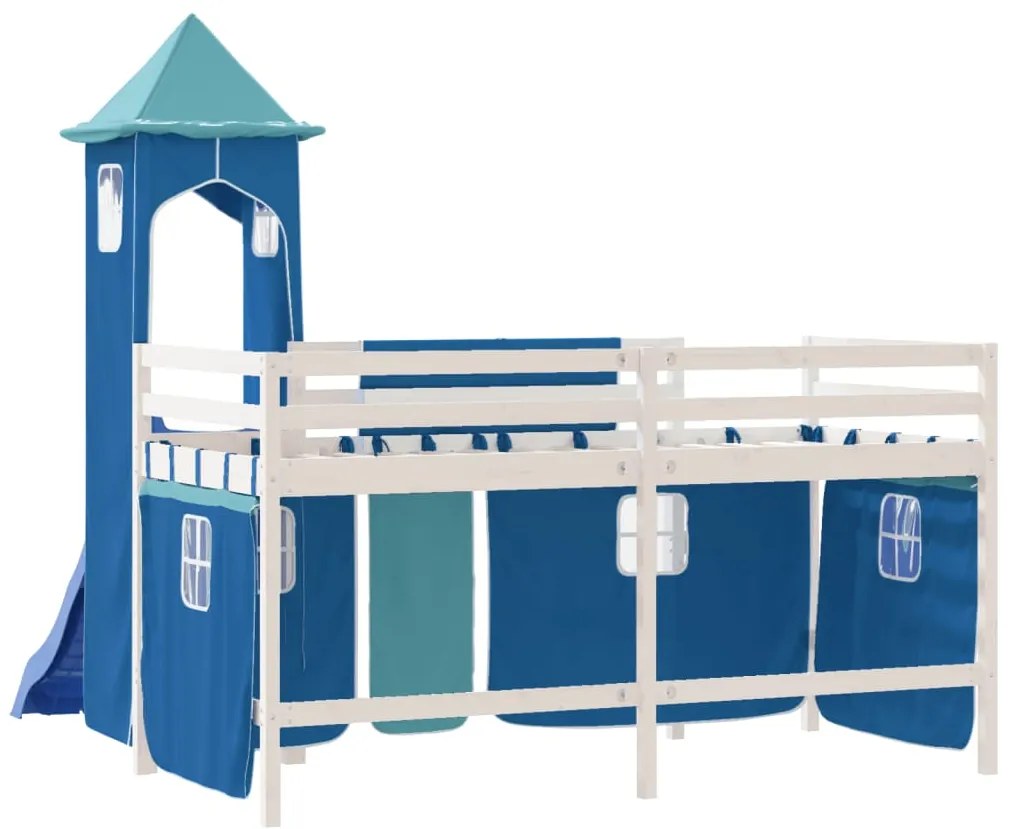 Cama alta para criança com torre 90x190 cm pinho maciço azul