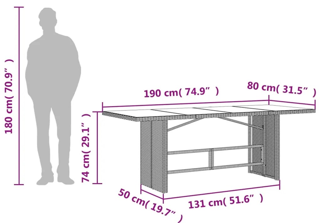 Mesa de jardim com tampo de vidro 190x80x74 cm vime PE castanho