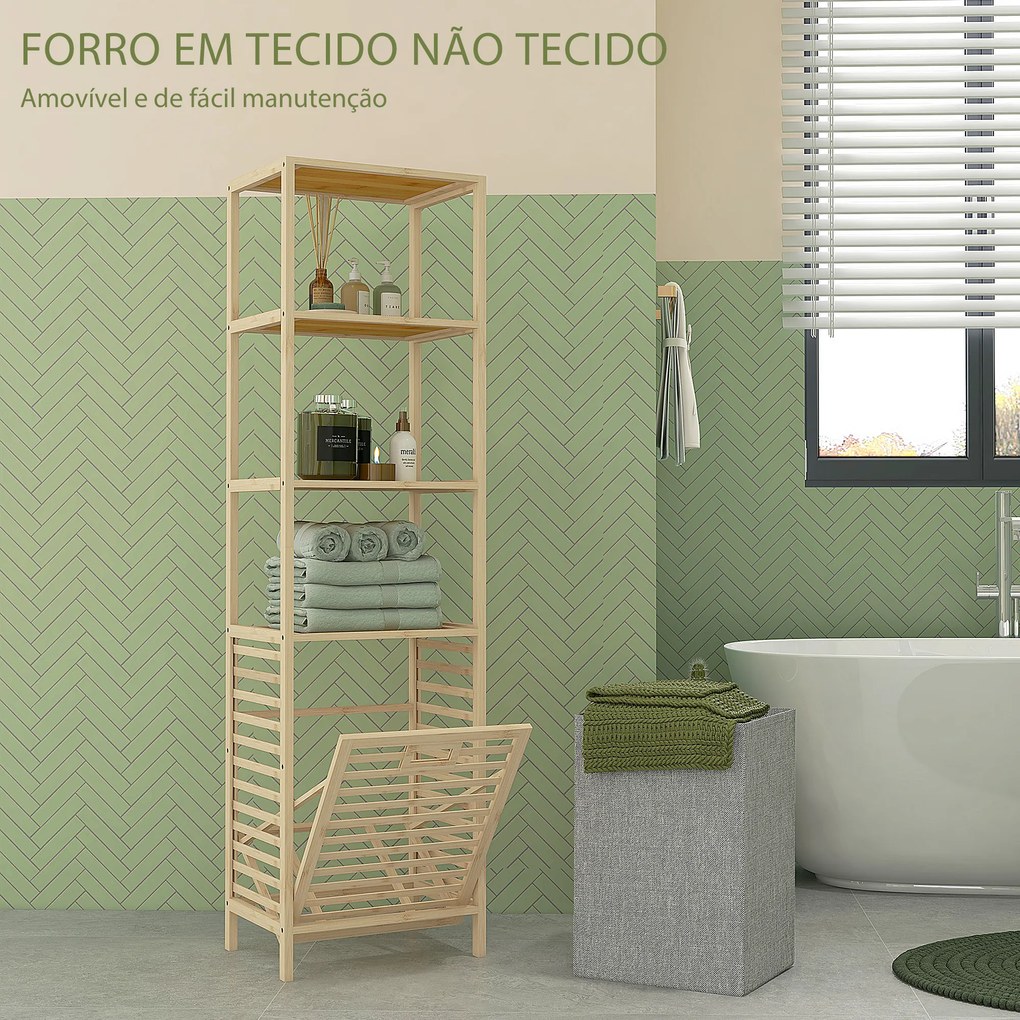 Estante de Casa de Banho em Bambu com 3 Prateleiras e 1 Cesto para Roupa Suja Removível 44x33x160 cm Natural