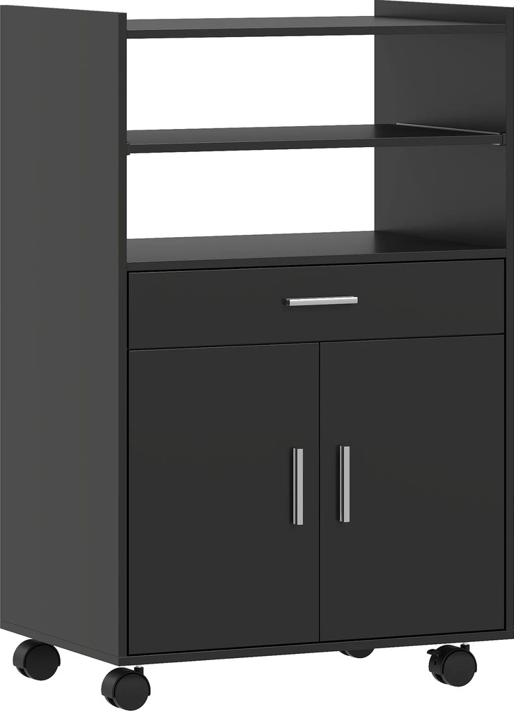 HOMCOM Carrinho de cozinha com rodízios, suporte para micro-ondas com armário, gaveta e prateleiras, 59 x 40 x 92 cm, preto | Aosom Portugal
