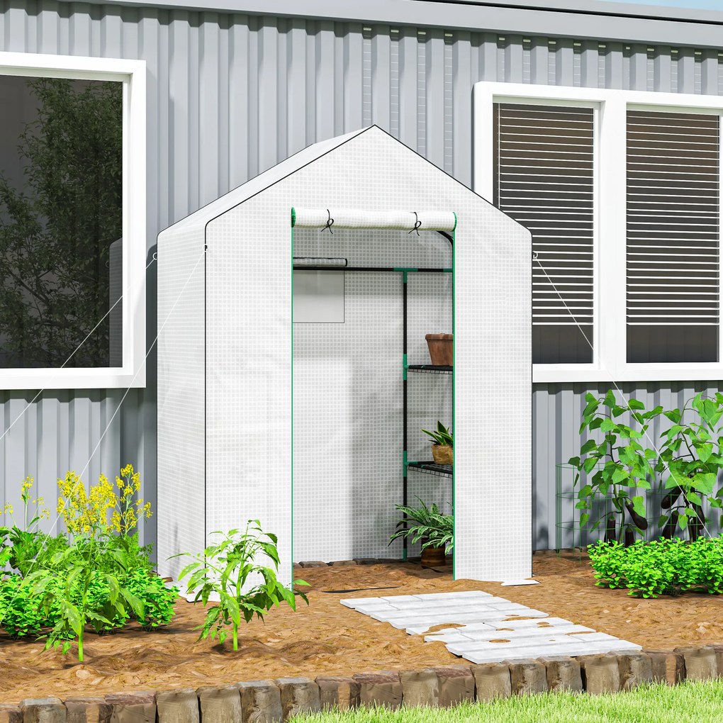 Estufa de jardim 140 x 73 x 190 cm com 1 porta, 2 janelas e 2 prateleiras em forma de U para legumes, plantas e flores; cobertura em PE