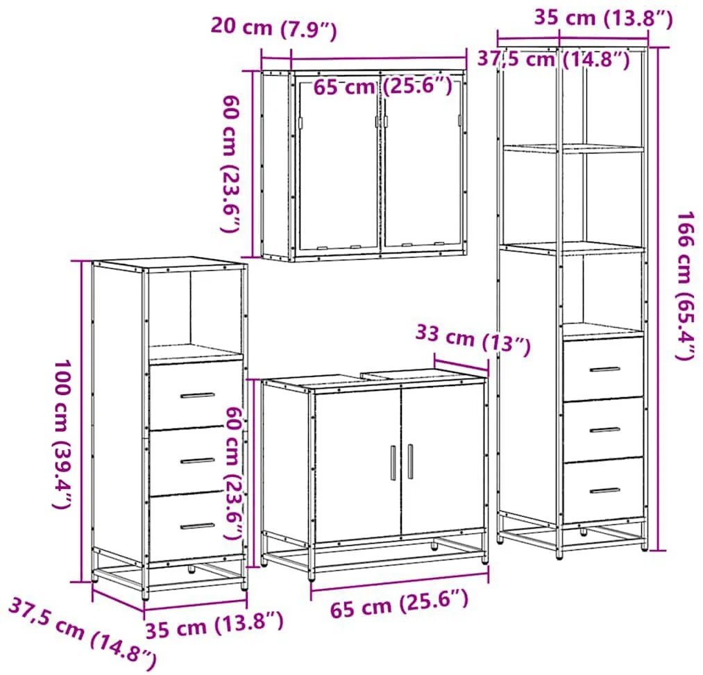 4 pcs Conjunto móveis casa de banho madeira proc. cinza sonoma
