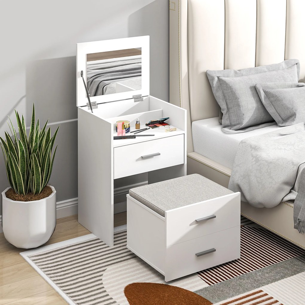 Conjunto de Toucador e Banco com Rodas, 50 x 40 x 113,5 cm, Espelho Rebatível, Branco