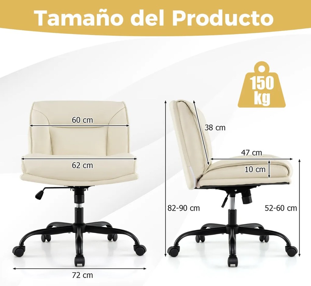 Cadeira de escritório sem braços em PU Altura ajustável Elevação a gás Giratória 360° Assento largo 72 x 72 x 82-90 cm Branca