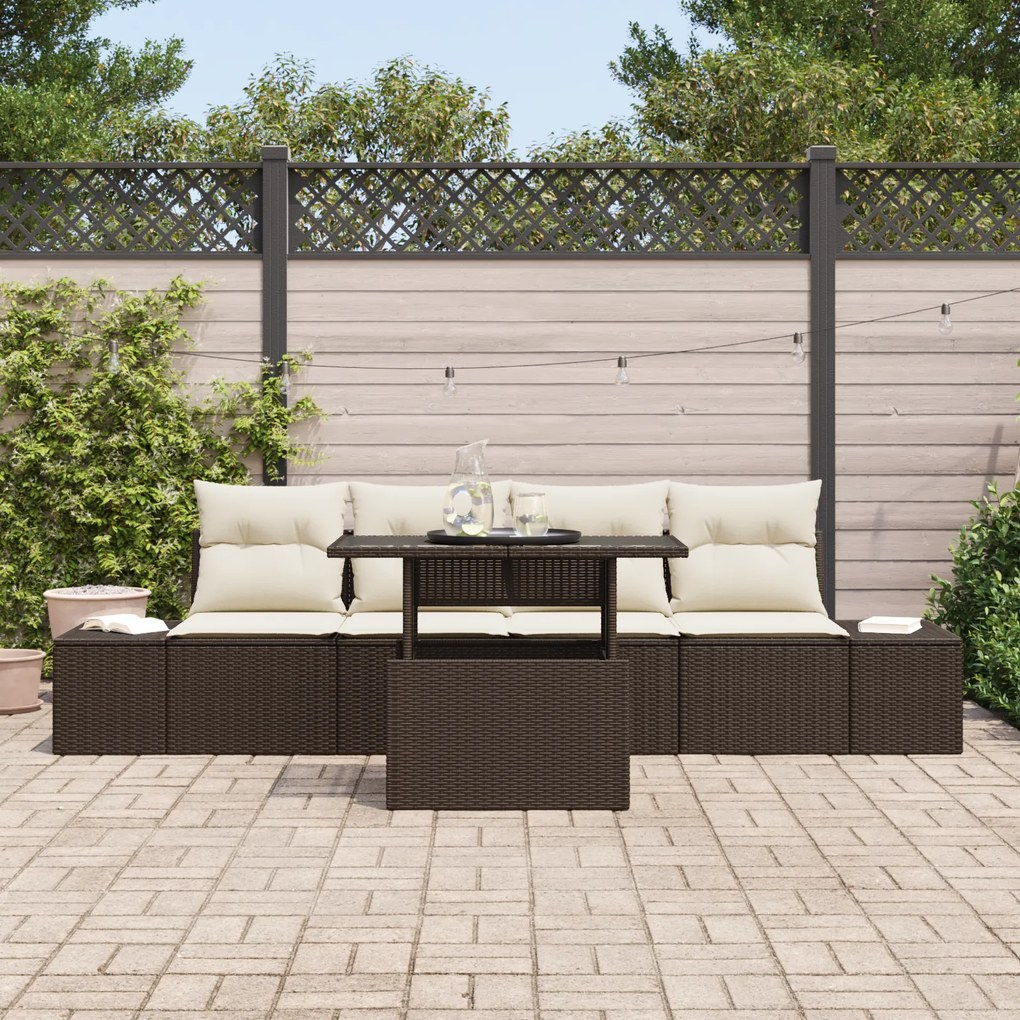 Conjunto de Sofá de Jardim com 5 Peças e Almofadas Castanho em Rattan