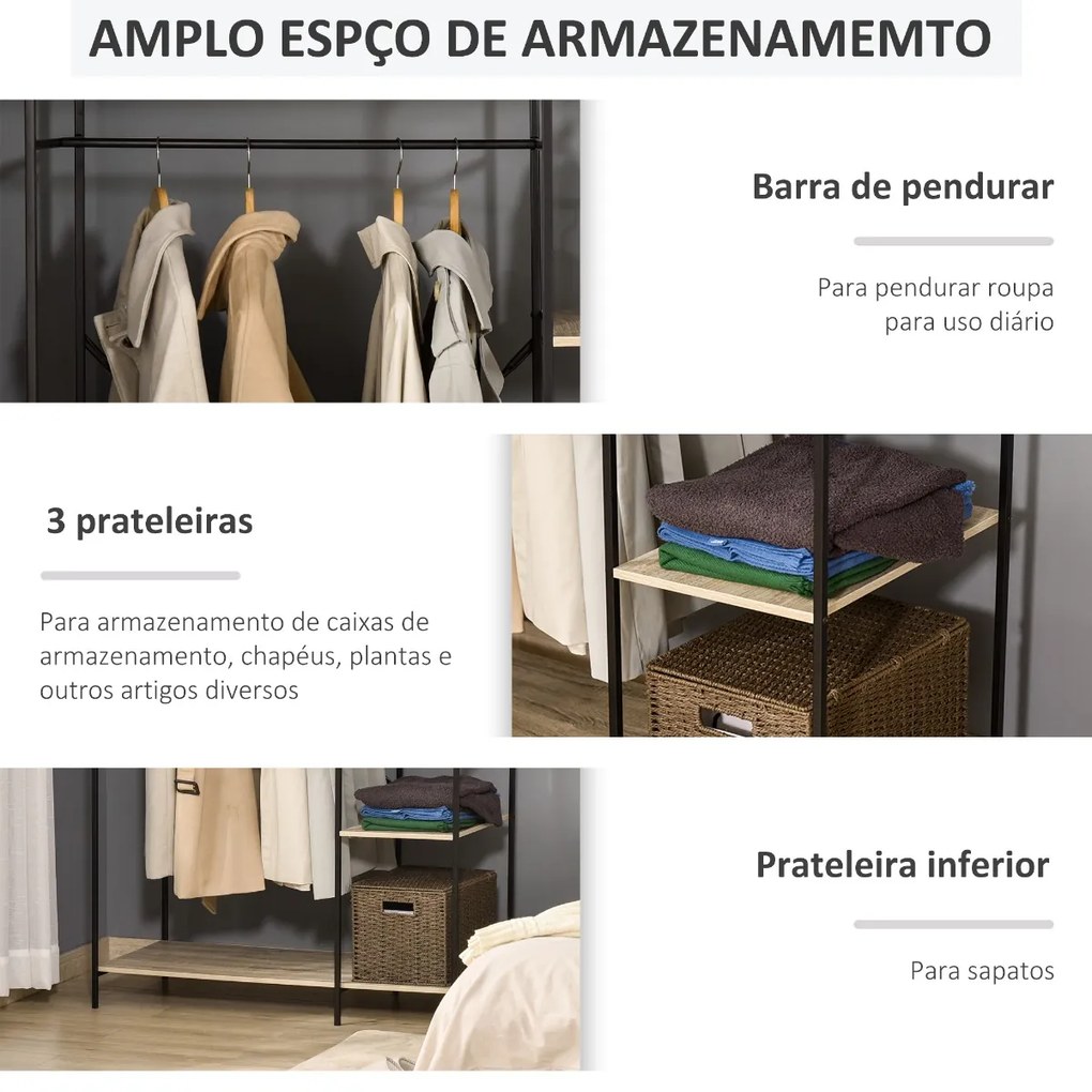 Guarda Roupa Aberto de Madeira com 4 Prateleiras de Arrumação e Barra de Pendurar 100x46x170,5cm Madeira e Preto