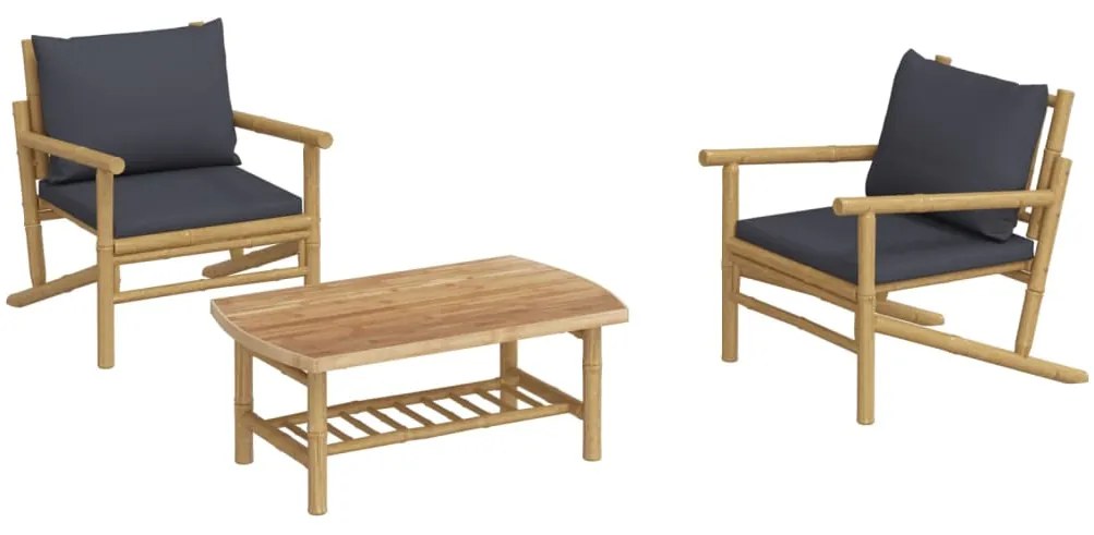 3pcs conj. lounge de jardim bambu c/ almofadões cinzento-escuro