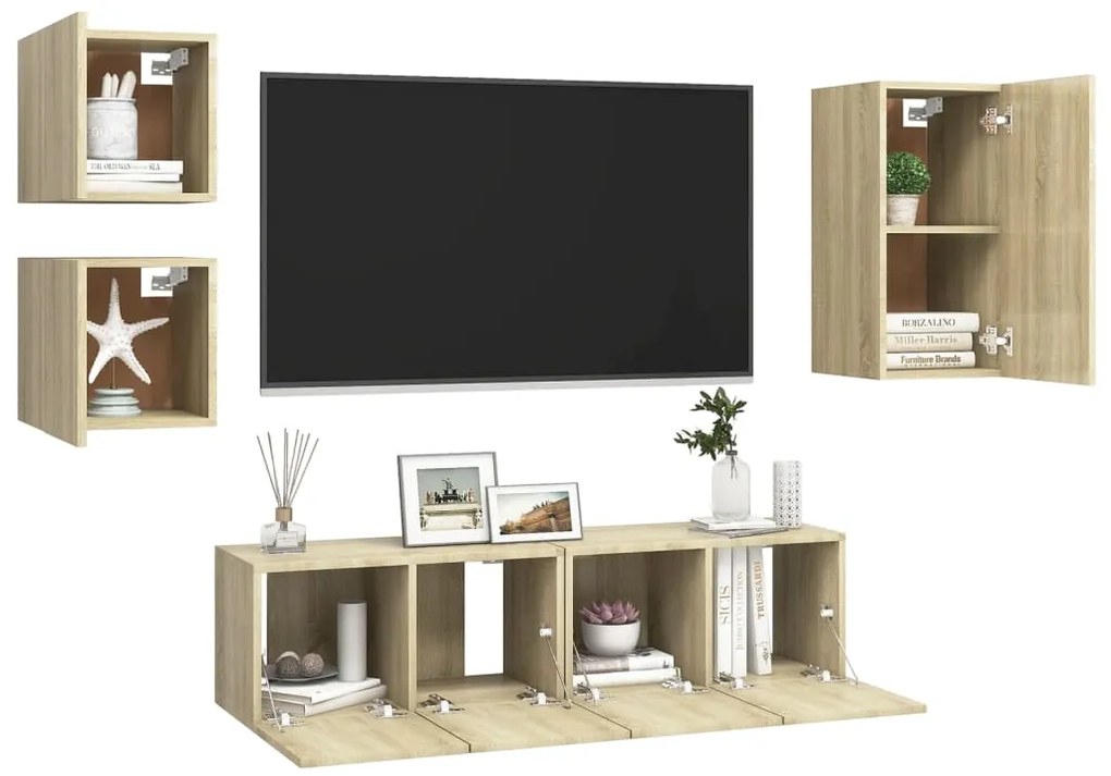 5 pcs conjunto de móveis TV derivados madeira carvalho sonoma
