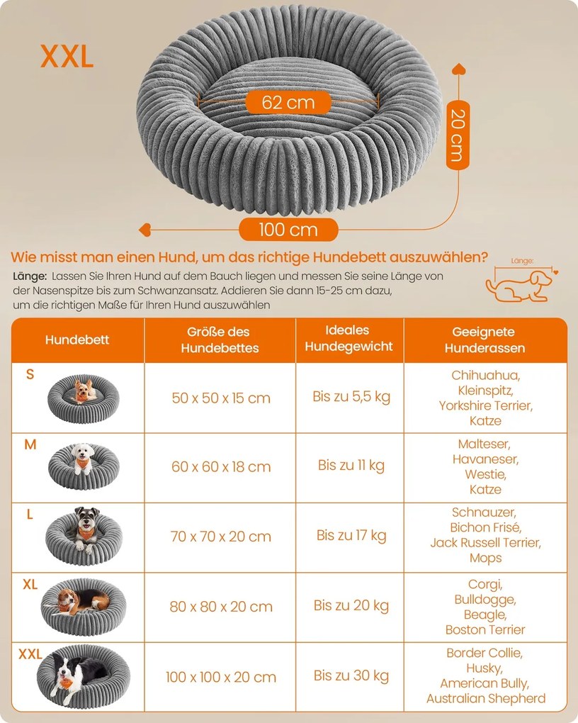 Cama para cães com 100 cm de diâmetro, lavável, cinzenta