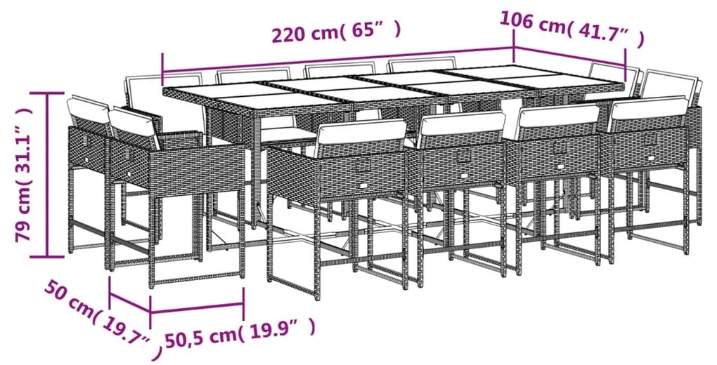 13 pcs conjunto de jantar p/ jardim com almofadões vime PE bege