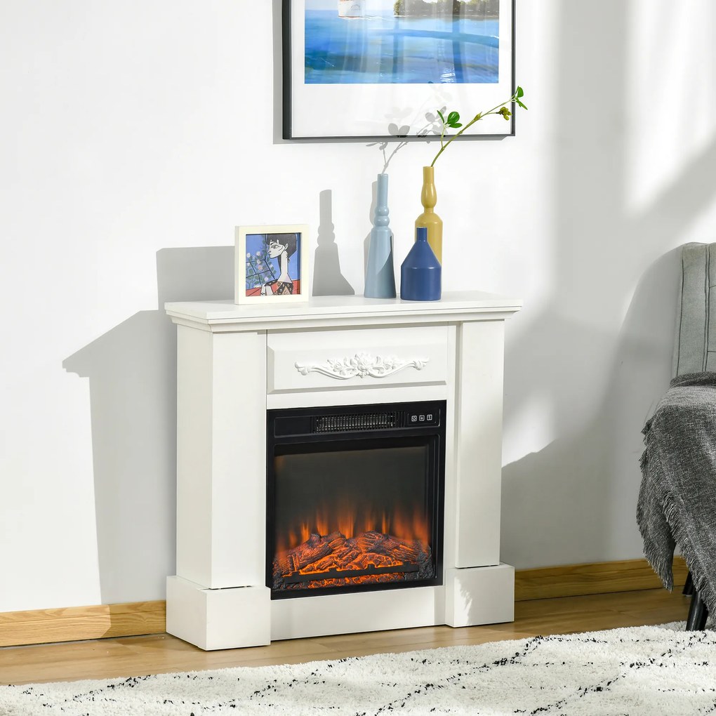 Lareira Elétrica 1800W com Efeito de Chama Realista Controlo Remoto Temporizador para Ambientes até 30 m² 80,7x22,5x76,5 cm Branco