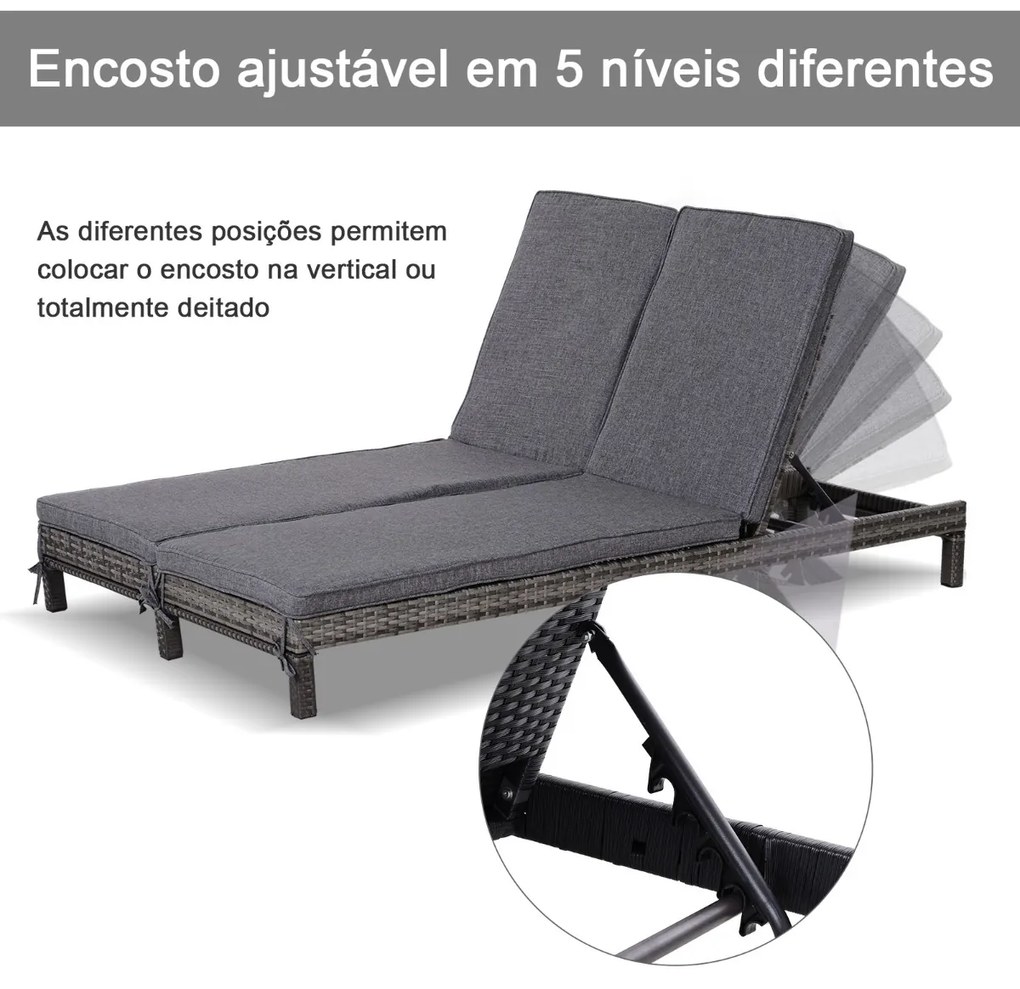 Espreguiçadeira de jardim de 2 lugares Conjunto de espreguiçadeira de piscina 195x120x128 cm Cinza