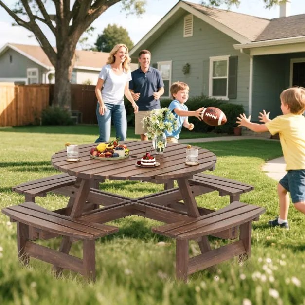 Conjunto de mesa de Jardim ou piquenique redonda com 4 bancos para 8 pessoas com orifício para guarda-sol de 5 cm Castanho