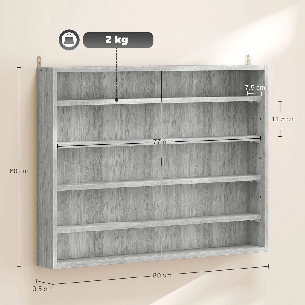 Vitrine de parede para objetos de coleção com 4 prateleiras reguláveis em altura e 2 portas de correr 80 x 9,5 x 60 cm cinzenta