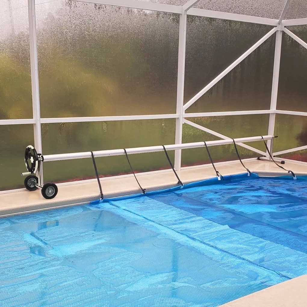 Conjunto de rolo para coberturas de piscinas (COBERTURA NÃO INCLUIDA) em alumínio com manivela e rodas 4,8 - 6,4 m Prateado