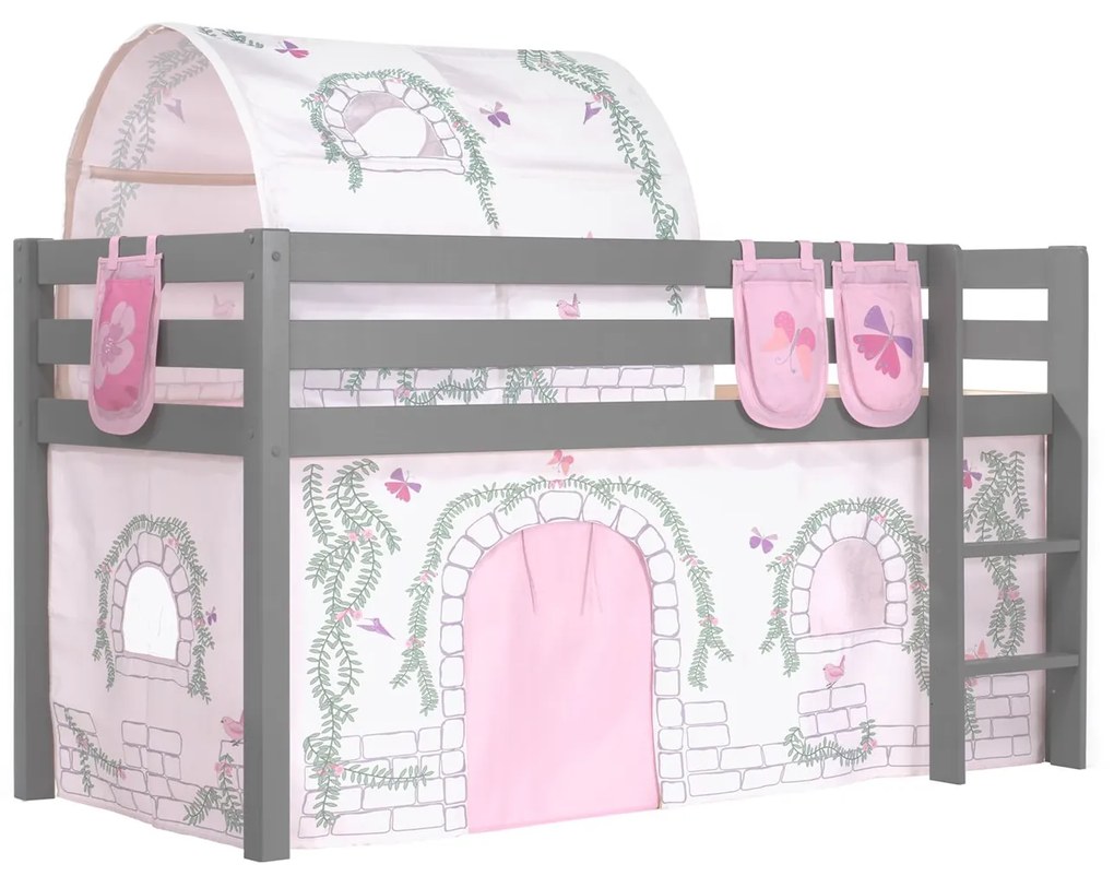 Conjunto Cama alta de Criança PINO 90 x 200 cm + estrado + escada + cortina + 3 Bolsas + Tunel Pássaro Cinzenta