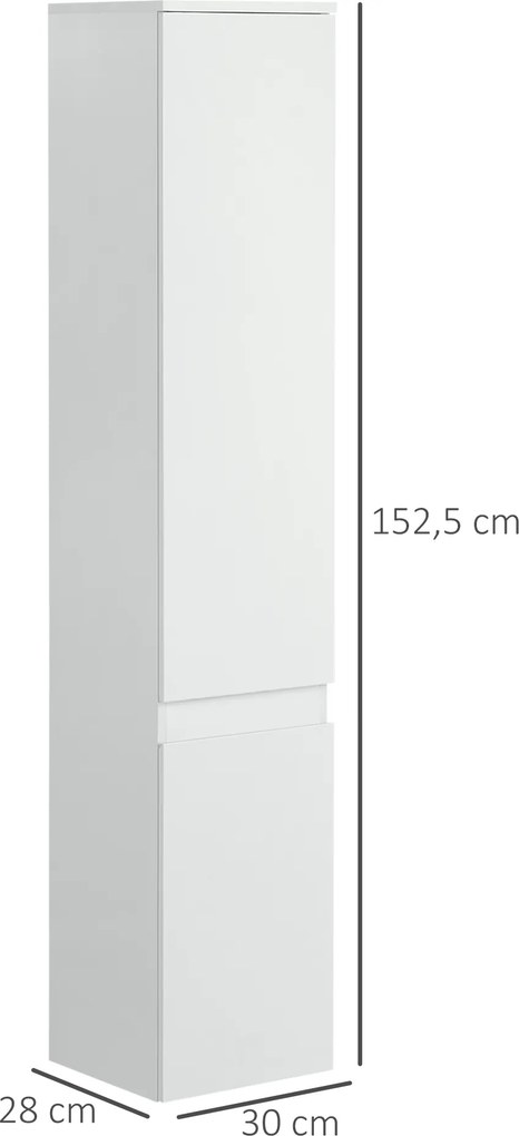 Armário de coluna para casa de banho 30 x 28 x 152,5 cm com 2 portas e 3 prateleiras ajustáveis, estilo contemporâneo, branco