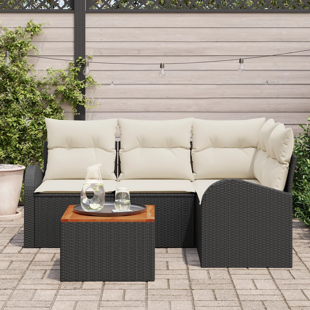 Conjunto de Sofá de Jardim de 5 Peças com Almofadas Rattan Preto Polié
