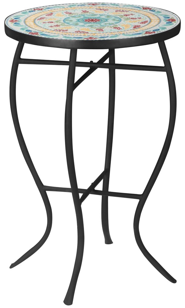 Mesa de Jardim Redonda Mesa Auxiliar de Mosaico com Pés de Metal para Pátio Terraço Exterior Balcão 35,5x35,5x53,5cm Multicor
