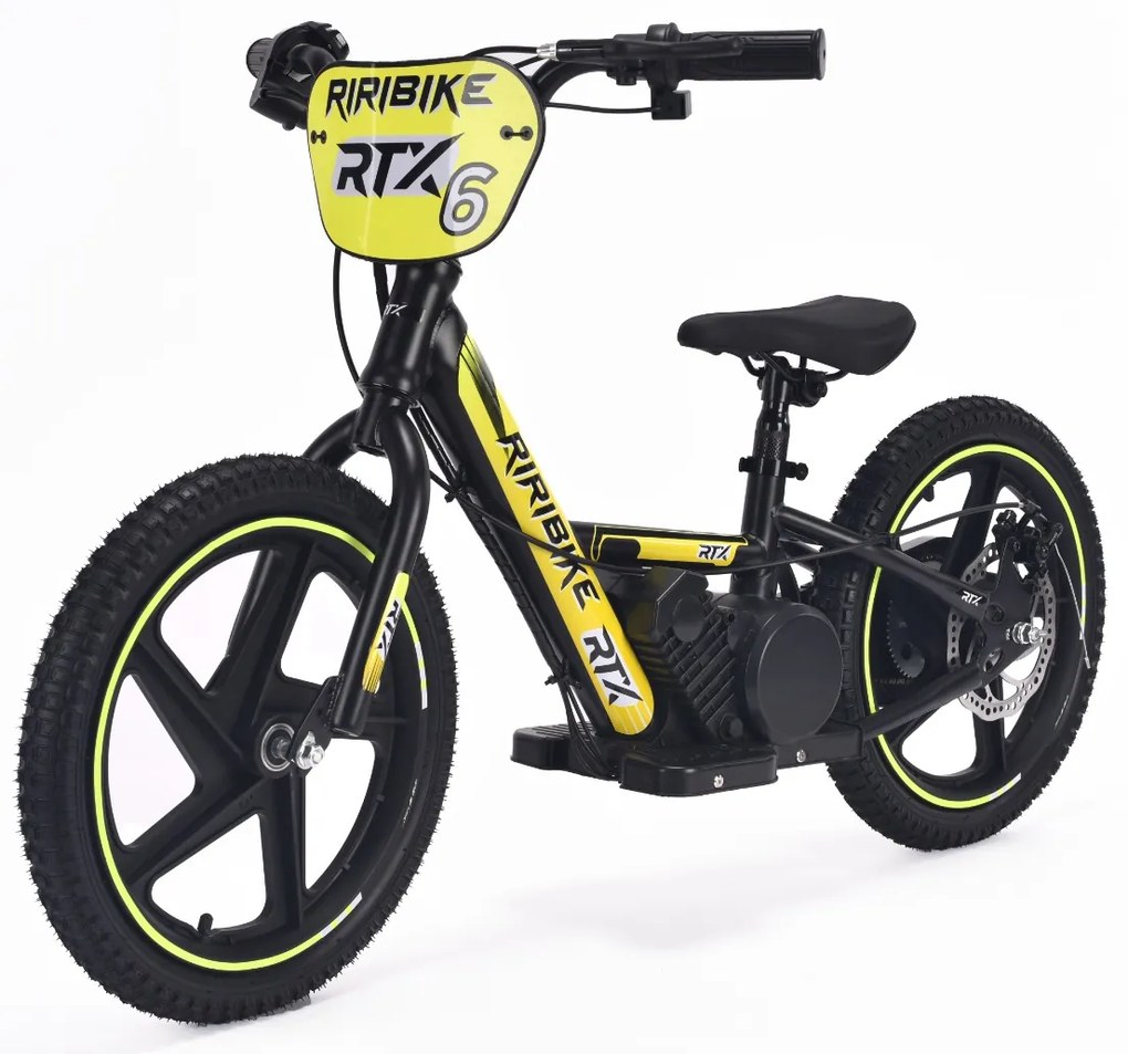 Bicicleta eléctrica para crianças RIRIBIKE RTX6 24V (16") bateria de lítio, motor de 250 watts, travão de disco, assento ajustável em PU macio Amarela