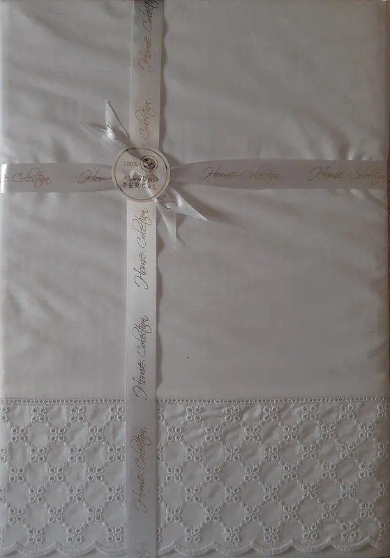 BRANCO / BRANCO - Jogo de lençóis C/ renda aplicada 100% algodão percal cor branco C/ branco: 1 lençol capa ajustable 150x200+30 cm + 1 lençol superior 240x290 cm + (2) Fronhas 50x70 cm