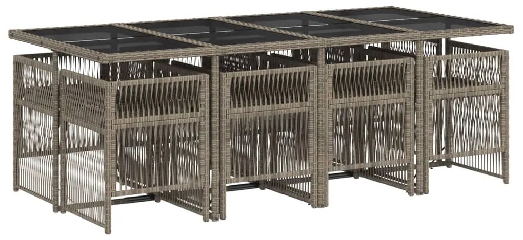 9 pcs conjunto de jantar p/ jardim c/ almofadões vime PE cinza