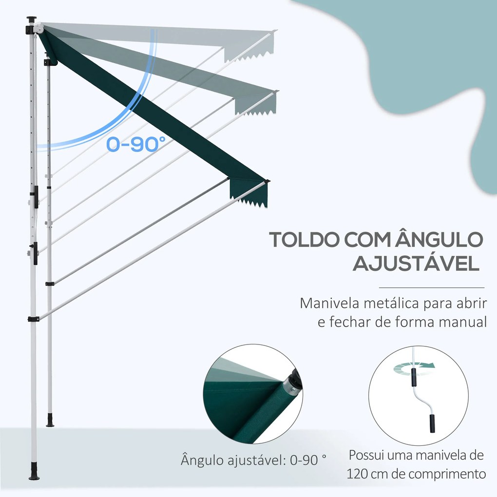 Toldo Manual Retrátil 200x150 cm com Manivela de Alumínio Ângulo Ajustável Proteção Solar para Varanda Jardim Pátio Verde