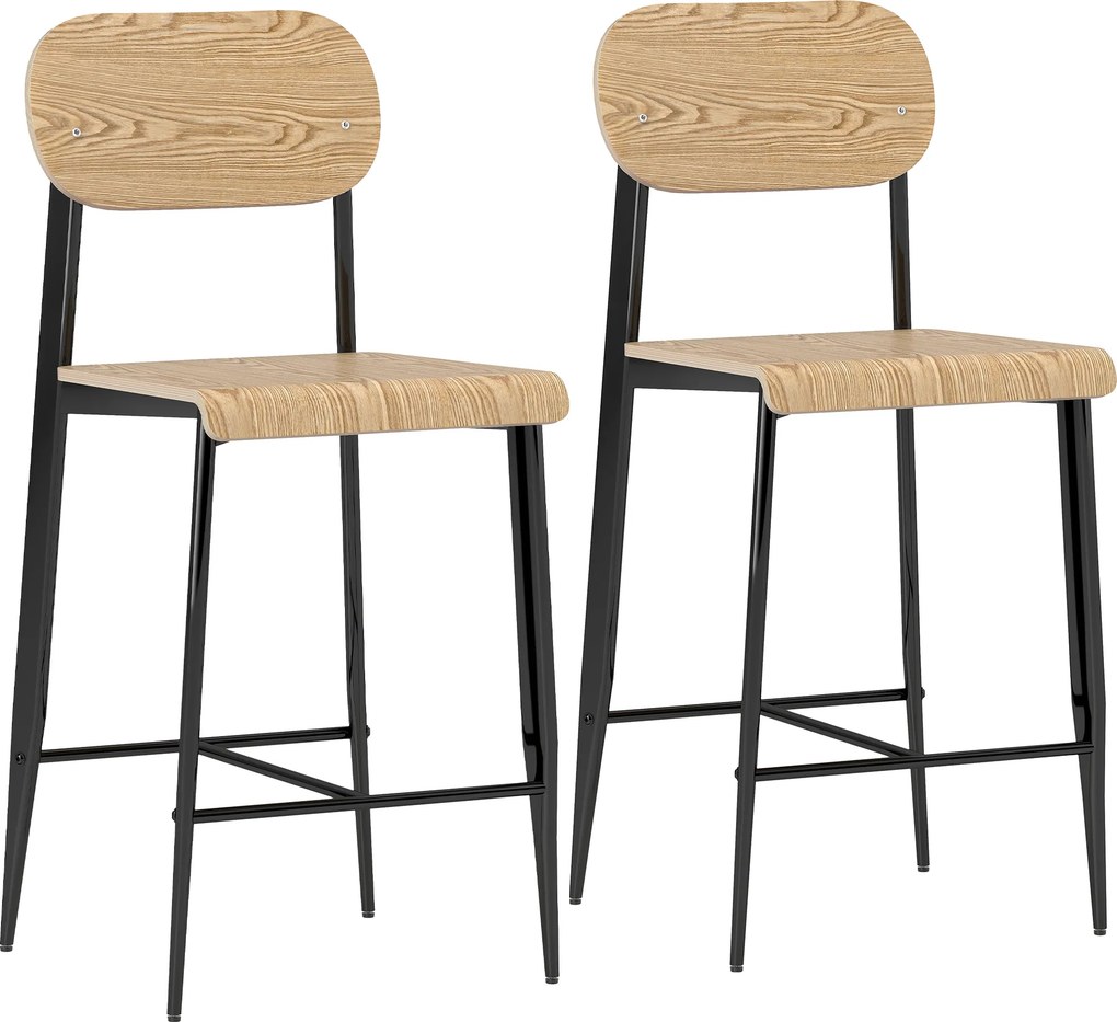 HOMCOM Conjunto de 2 banquetas de bar, banquetas com encosto e estrutura metálica, madeira, castanho claro | Aosom Portugal