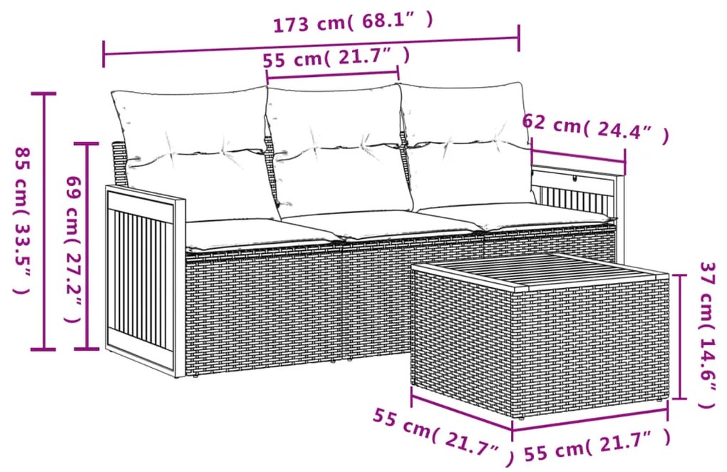 4 pcs conjunto sofás de jardim c/ almofadões vime PE cinzento