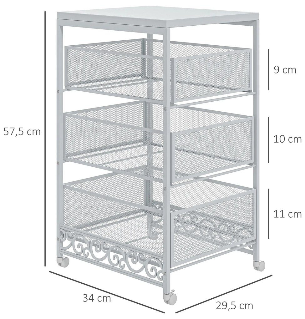 Carrinho Auxiliar com Rodas Carrinho de Armazenamento com 3 Gavetas de Armazenamento 34x29,5x57,5 cm Branco
