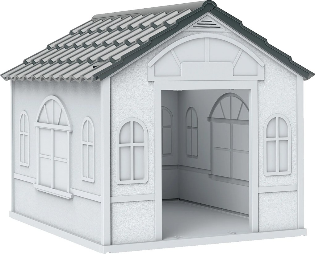 PawHut Casa para Cães 65x75,7x63 cm Casa para Cães com Janelas e Teto com Telhas de Imitação para Cães Médios Cinza e Branco | Aosom Portugal