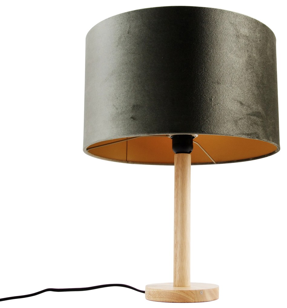 Candeeiro de mesa madeira com abajur de veludo verde 35cm - Mels Clássico / Antigo,Rústico